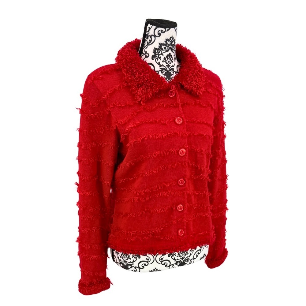Michael Simon New York Vintage Red Fringe Fuzzy Collar Button-Up Cardigan, M - Picture 9 of 9